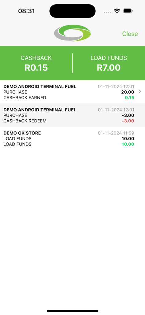Transaction history screen in the Infinity Rewards app showing cashback balance and loaded funds.