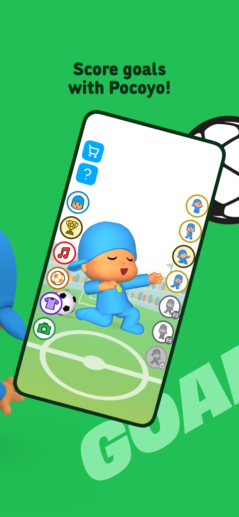 Talking Pocoyo Football - Pocoyó celebrando en un campo de fútbol en la interfaz de la aplicación Fútbol de Pocoyó que Habla