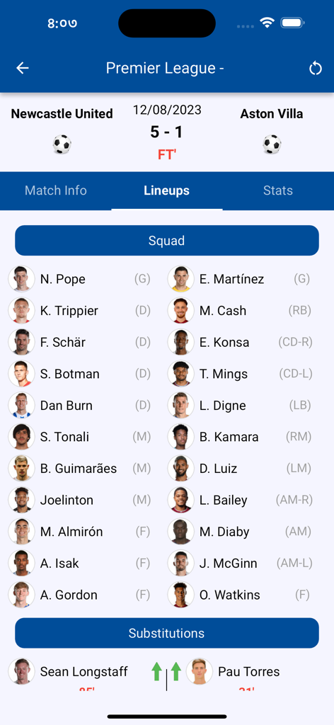 KickNow: Live Football Scores - Football match lineups and starting eleven for Newcastle vs Aston Villa in the KickNow app