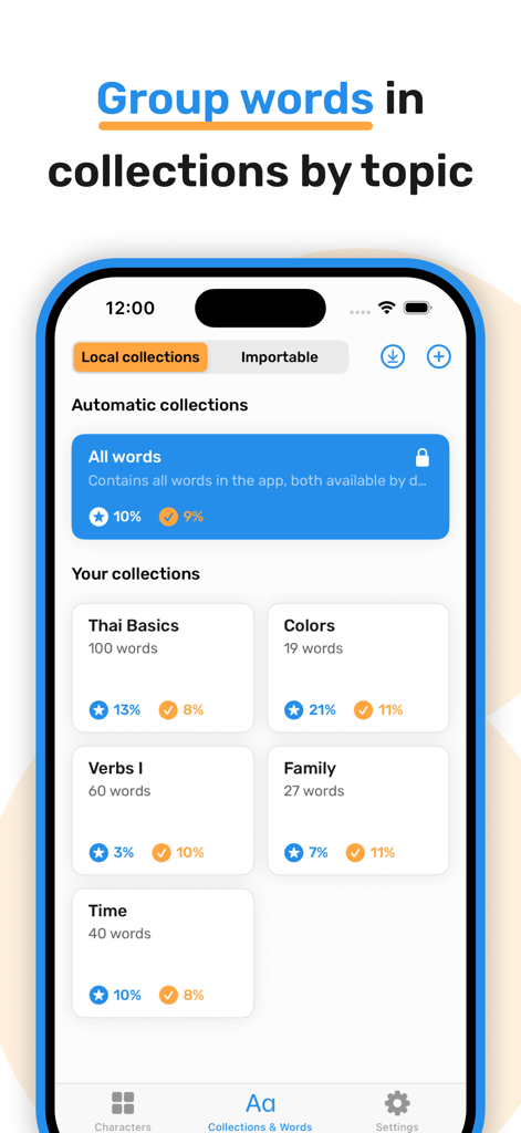 Learn Thai Alphabet & Words - Interface of the Learn Thai app showing vocabulary organized into collections like basics colors and verbs with progress tracking