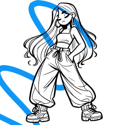 girl in baggy pants crop top and long hair