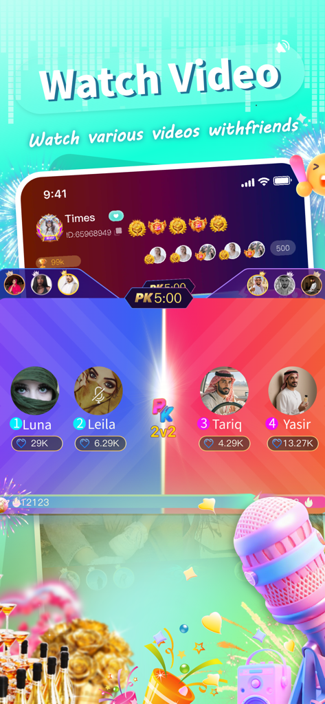 Gameta app interface showing the watch video with friends feature and a 2v2 social battle mode with real-time voice chat icons