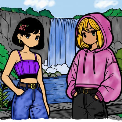 2 girls one with a crop top and jeans with short hair and the other has jeans and an oversized hoodie on with long hair. there is a waterfall in the background