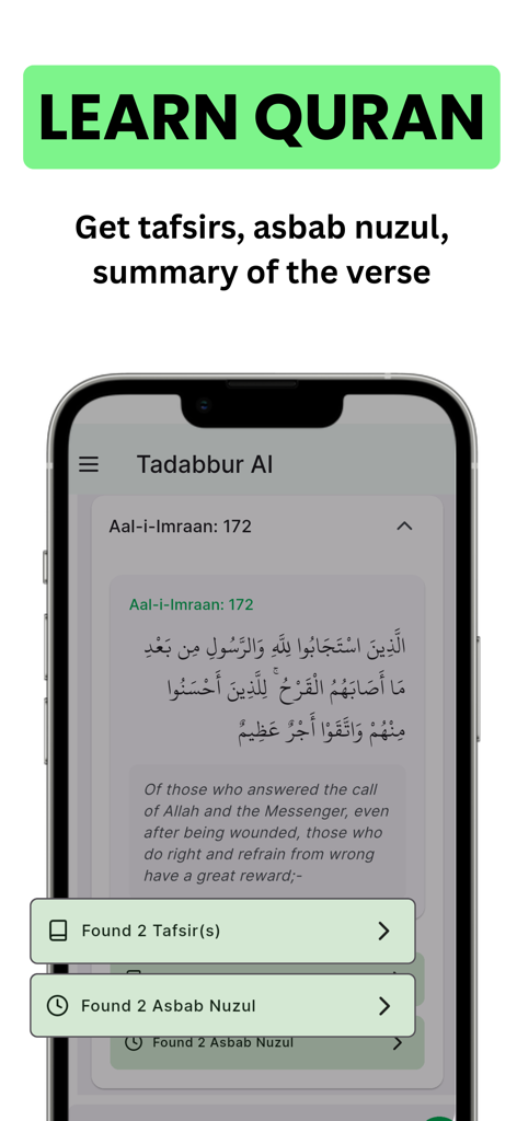 Tadabbur: Quran Journaling - Tadabbur app interface showing a Quran verse with learning features like tafsir and asbab nuzul insights