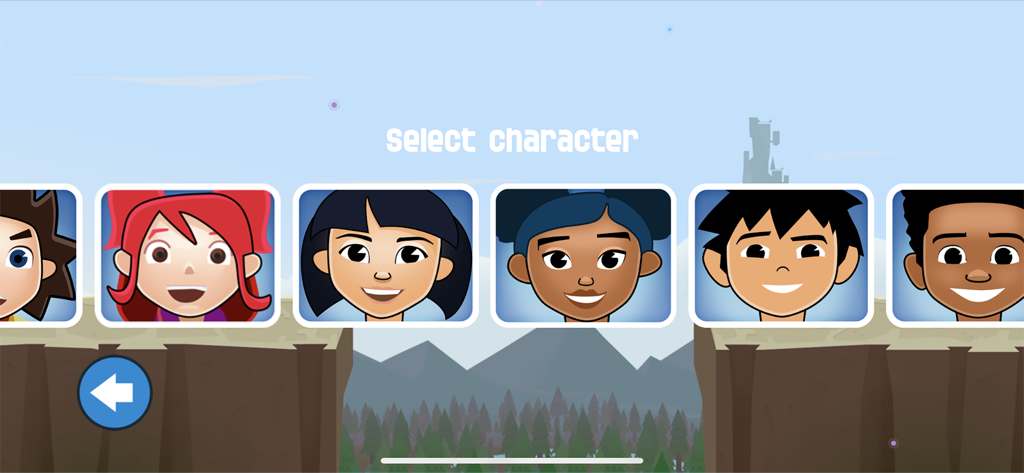 Number Runの算数ゲームの多様なカートゥーンアバターが並ぶキャラクター選択画面。