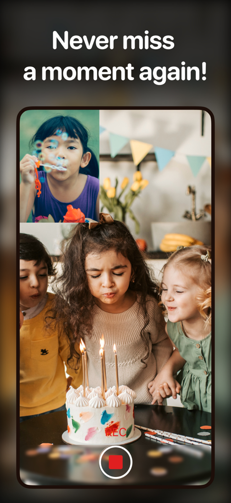 Video Buffer Action Camera - Screenshot of Video Buffer app capturing children blowing out birthday candles with DualCam mode enabled