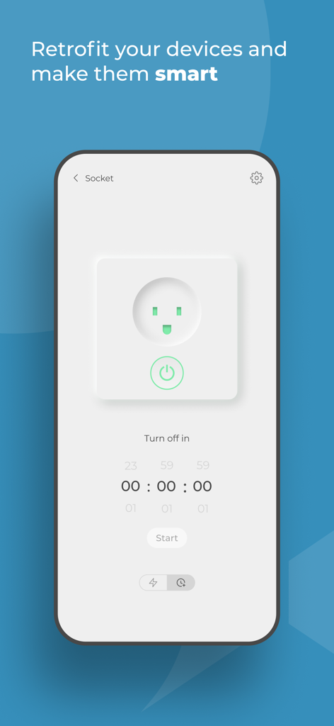 Xtreme Connected Simple Home - Interface of the Xtreme Connected Simple Home app showing a smart socket control with a countdown timer to turn it off.
