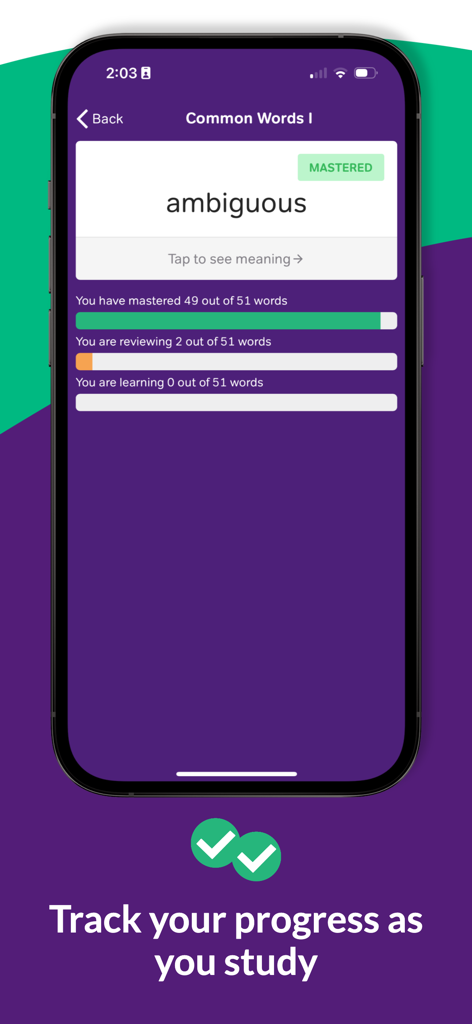 GRE Vocabulary Flashcards - GRE vocabulary app screen showing a mastered flashcard and study progress bars