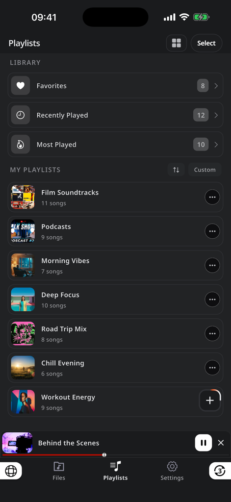 xDL - Cloud Files Downloader - Pantalla de la aplicación xDL que muestra categorías de biblioteca de música y listas de reproducción personalizadas