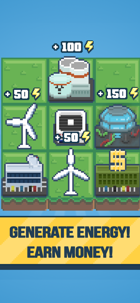 Gameplay de Reactor Idle Tycoon montrant la grille de production d'énergie avec des centrales électriques