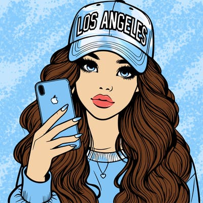 realistic beautiful girl wearing los ángeles cap holding an iphone