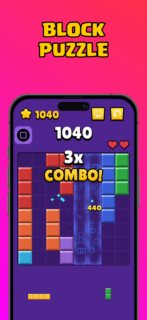 Block puzzle gameplay in the Mini Games app showing a triple combo and colorful blocks