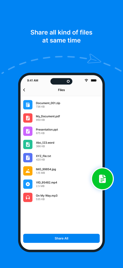 ShareMe - All File Sharing - Interfaz de la aplicación ShareMe que muestra varios tipos de archivos, incluyendo documentos, imágenes y videos, listos para transferencia por lotes.