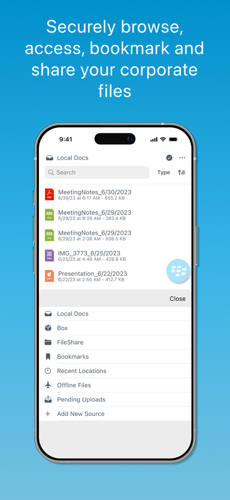 BlackBerry Work app interface showing secure corporate document management and file sharing options on an iPhone.