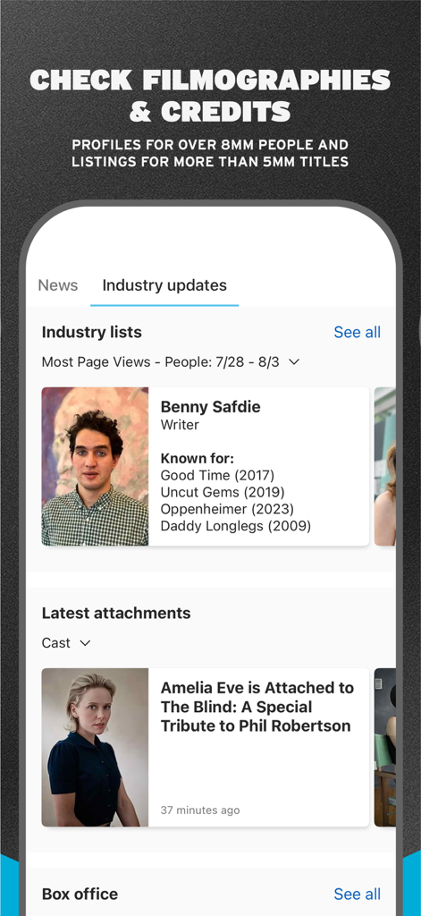 IMDbPro - A mobile screen from IMDbPro showing filmographies credits and industry updates