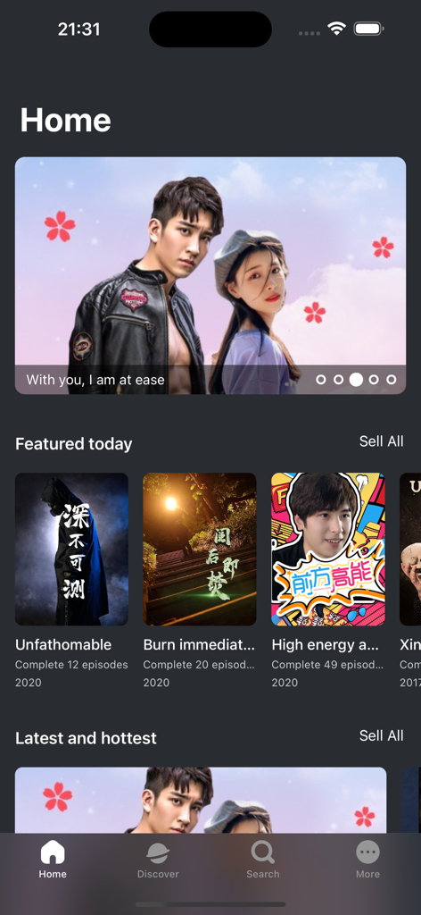 Home screen of the American TV Heaven mobile app displaying featured movies and series