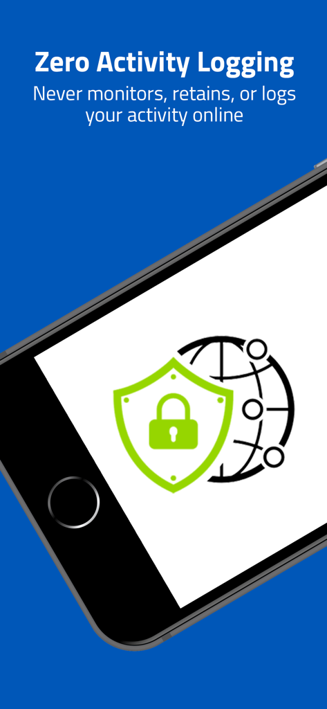 Webroot VPN app screen highlighting zero activity logging with a secure shield and globe icon