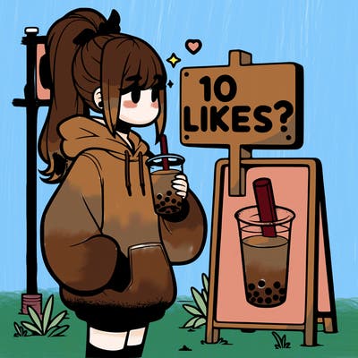 girl with oversized hoodie drinking boba and she has a high ponytail with a sign that says 10likes?