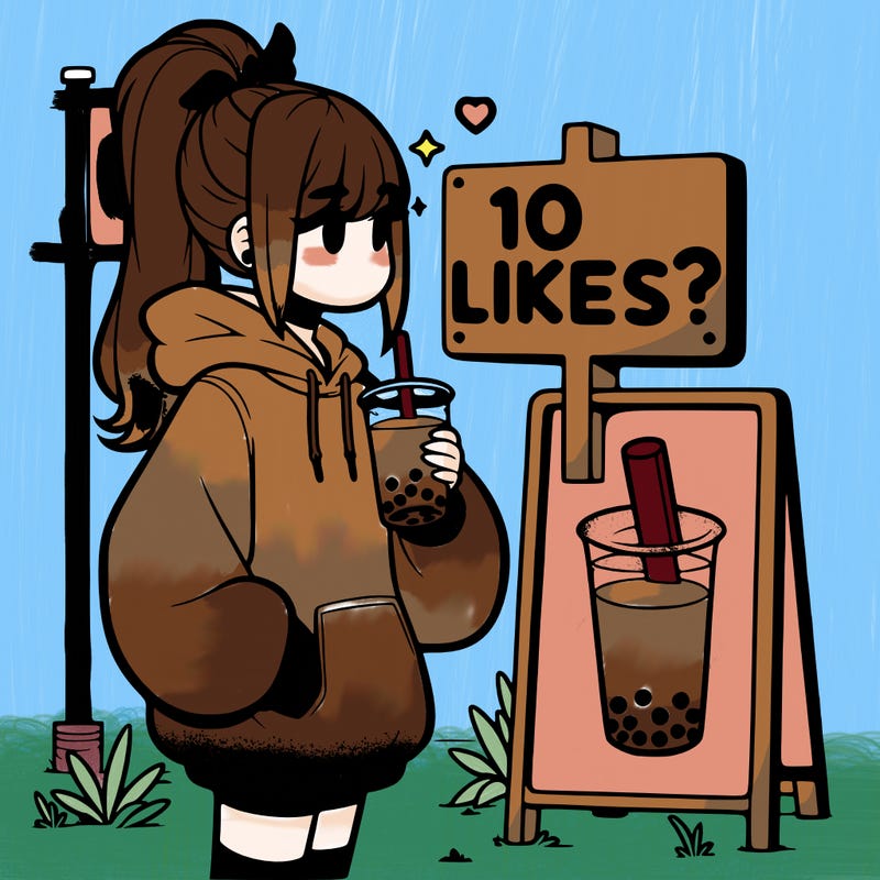 girl with oversized hoodie drinking boba and she has a high ponytail with a sign that says 10likes?