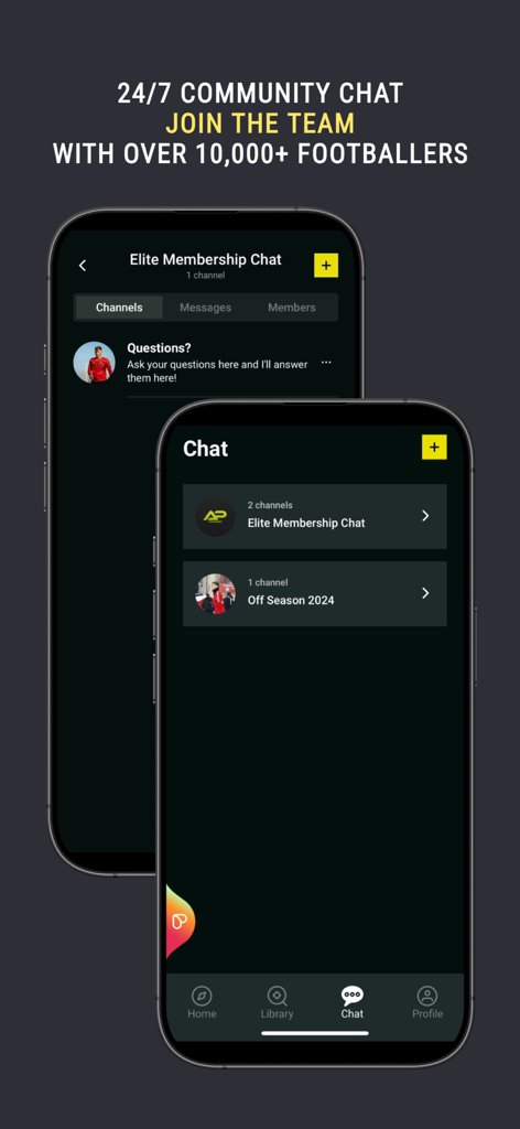 PAPS Training - Community chat interface in the PAPS Training app showing elite membership and off season discussion channels