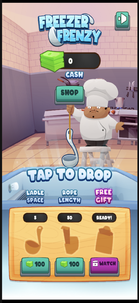 Freezer Frenzy - Freezer Frenzy shop screen featuring a chef character and ladle upgrades