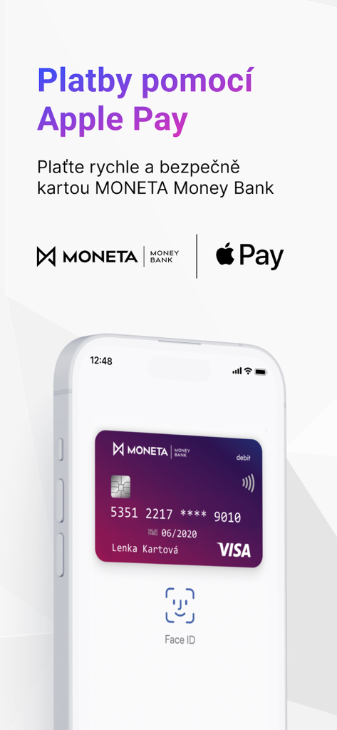 MONETA Smart Banka mobile app screen showcasing secure Apple Pay integration with Face ID and a digital visa card