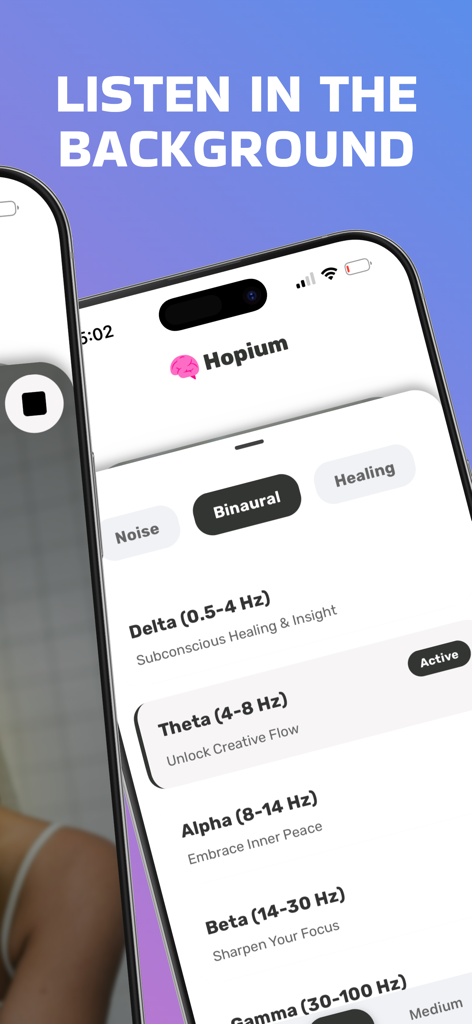 Hopium - Make Subliminals - Hopium app screen showing binaural beats frequencies like Theta for creative flow and the background listening feature.