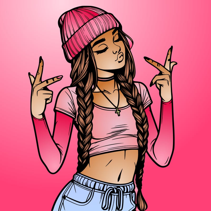 realistic teenage girl with braids and a beanie and crop top doing 🫶🏼