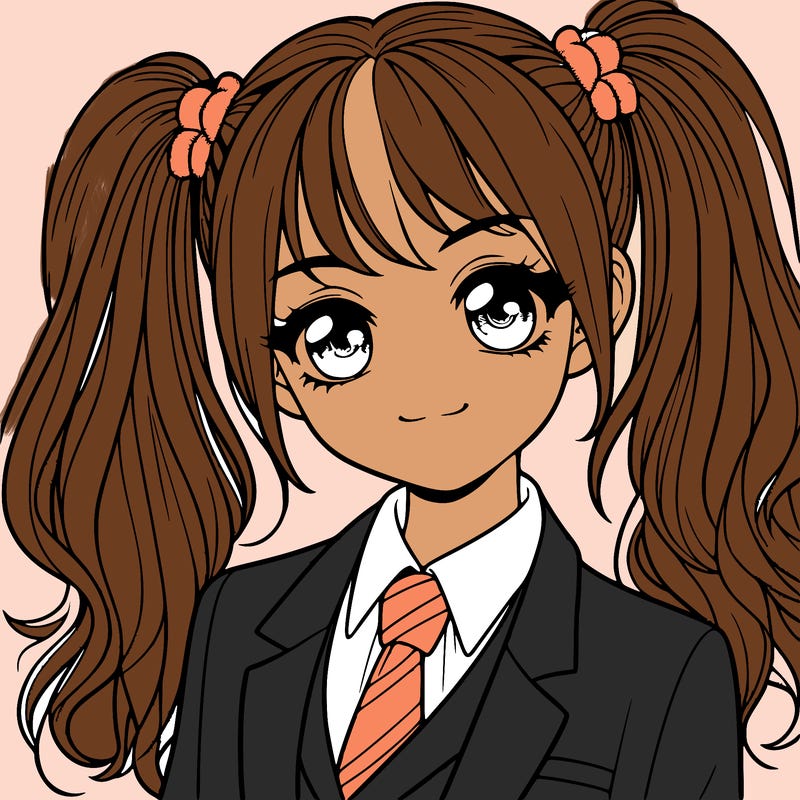 realistic girl with two ponytails and a suit on