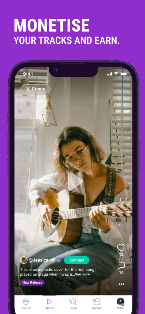 Vampr: #1 Musician Network. - Vampr-App-Oberfläche, die einen Musiker zeigt, der einen Song per Video performt.