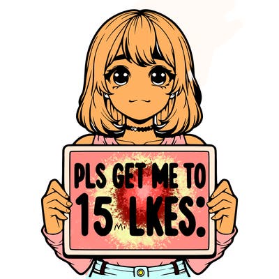 realistic girl holding up a sign that says “pls get me to 15 likes!”