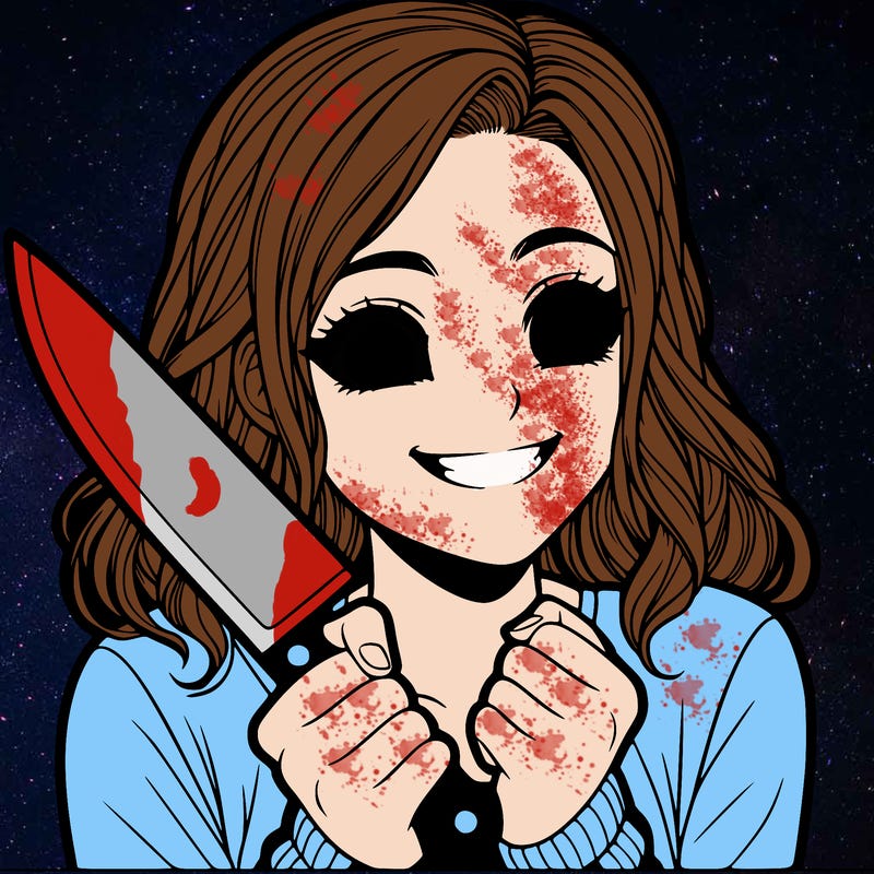a realistic girl holding a knife and grinning