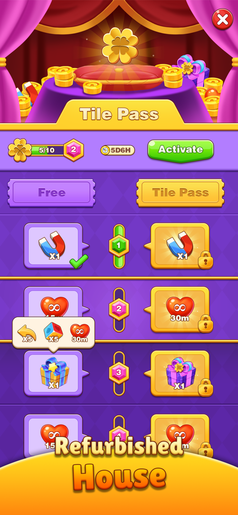 Tile Story - Match Life Puzzle - Der Belohnungsbildschirm des Tile Pass in Tile Story Match Life Puzzle mit verschiedenen freischaltbaren Gegenständen wie Boostern und Extraleben
