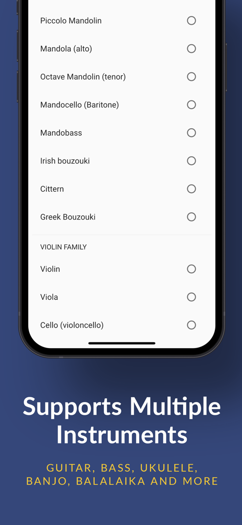 Pro Guitar Tuner - Capture d'écran de l'application Pro Guitar Tuner montrant une liste d'instruments pris en charge, y compris les familles de mandoline et de violon
