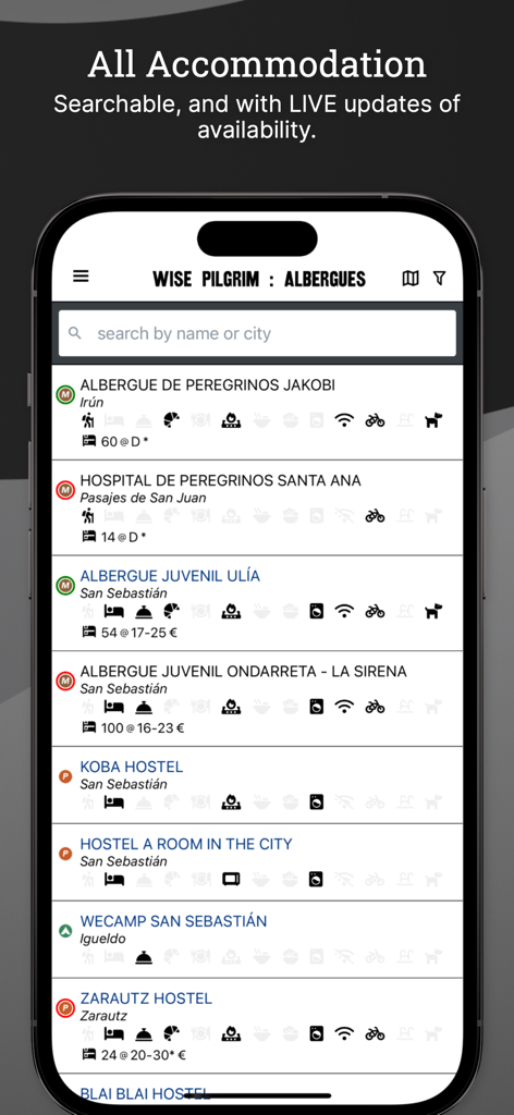 Wise Pilgrim Camino del Norte - Wise Pilgrim app screen showing a searchable directory of albergues and hostels on the Camino del Norte with service icons
