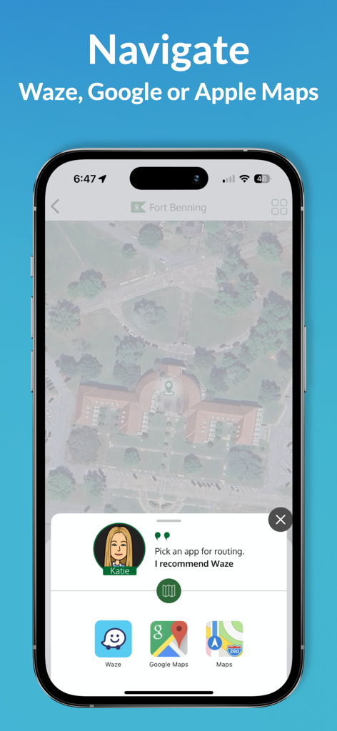 GuideOn Military app screen showing navigation options for Waze Google Maps and Apple Maps on a military base map