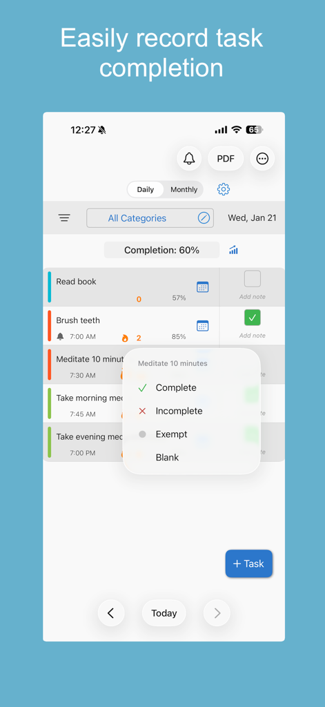 Daily Tasks - Tracker - Una interfaz de aplicación móvil para rastrear tareas diarias con opciones para marcar un hábito como completado, incompleto o exento.