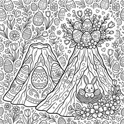 Unearth a delightful blend of geology and festivity with our unique Cinder Cones Easter coloring page. Adorned with charming bunnies, decorated eggs, and vibrant spring blossoms, this design offers a truly original way to celebrate the season.