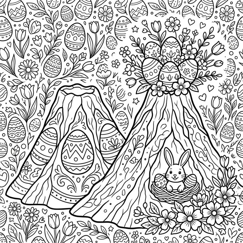 Unearth a delightful blend of geology and festivity with our unique Cinder Cones Easter coloring page. Adorned with charming bunnies, decorated eggs, and vibrant spring blossoms, this design offers a truly original way to celebrate the season.