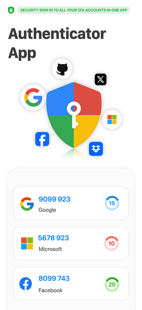 Interfaz de usuario de Authenticator App que muestra códigos de verificación 2FA para cuentas de Google, Microsoft y Facebook