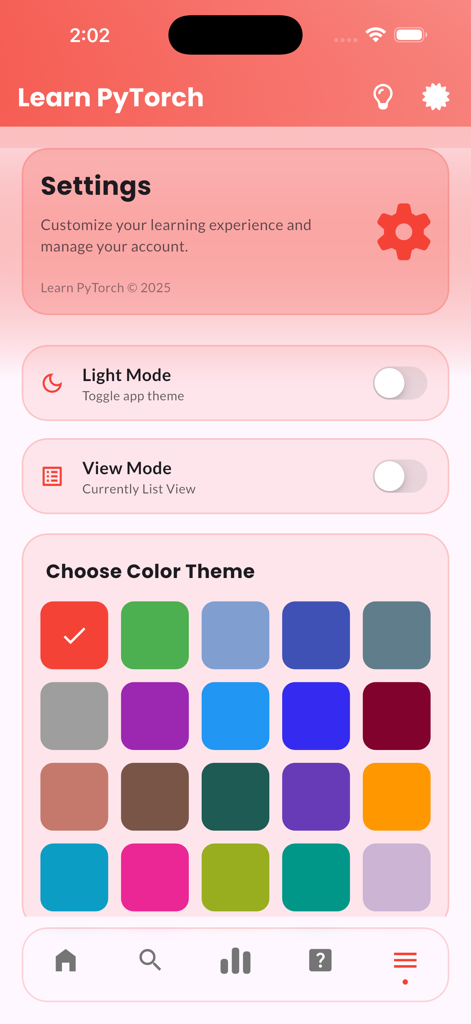 Learn PyTorch Tutorials - PyTorchアプリの設定画面。ライトモードトグルとカラーテーマオプションが表示されています。
