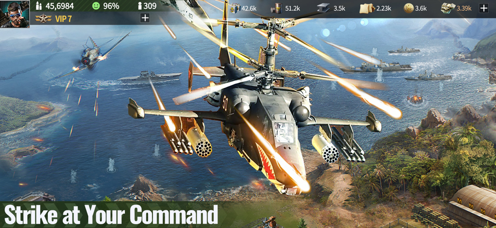 War Games - Commander - An attack helicopter firing missiles over a naval fleet in the modern war strategy game War Games Commander