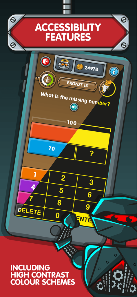 NumBots app interface showing accessibility features and high contrast color schemes for kids math practice