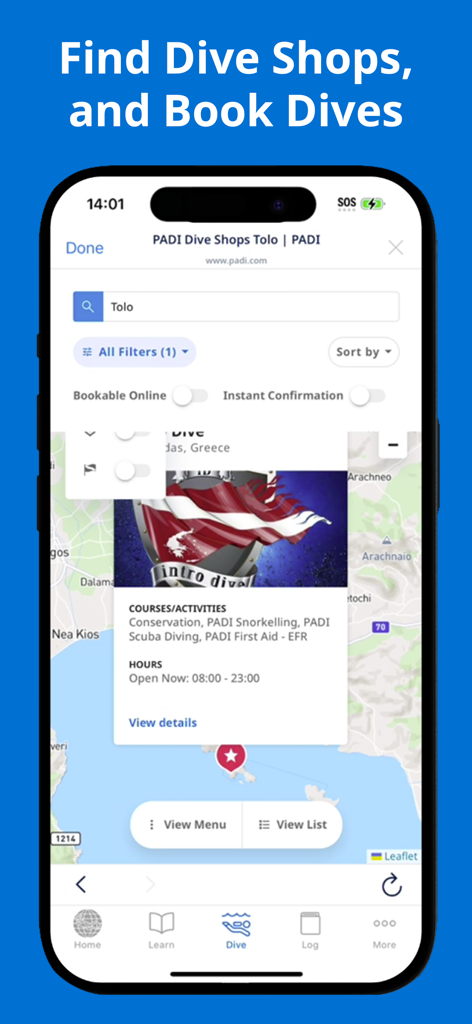 PADI mobile app interface showing a map view to find and book dive shops and scuba courses