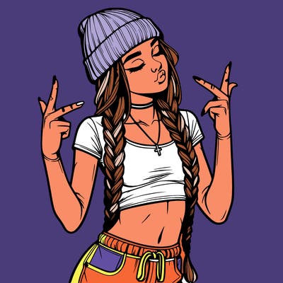 realistic teenage girl with braids and a beanie and crop top doing 🫶🏼