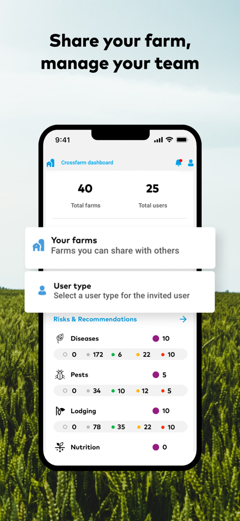 xarvio FIELD MANAGER mobile App zeigt das Farm-Dashboard mit Teammanagement-Statistiken und Pflanzenrisikoindikatoren