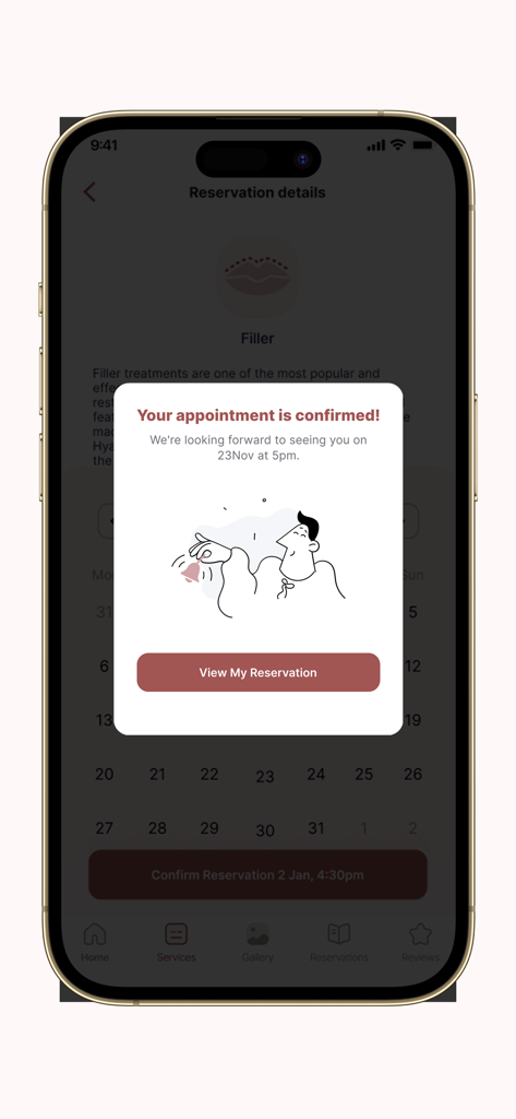 MED X For Diva Clinic - Diva Clinicアプリ内の確認ポップアップ、フィラー治療の予約成功を表示