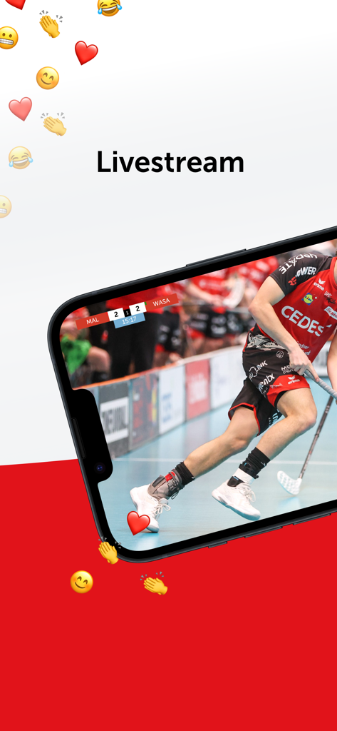 swiss unihockey hub - A floorball match livestream on the Swiss unihockey hub app surrounded by social emojis