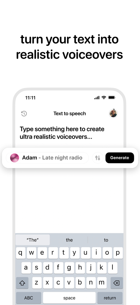 Labs AI Voice Generator - Mobile interface of the Labs AI Voice Generator app showing the text-to-speech feature for creating realistic voiceovers