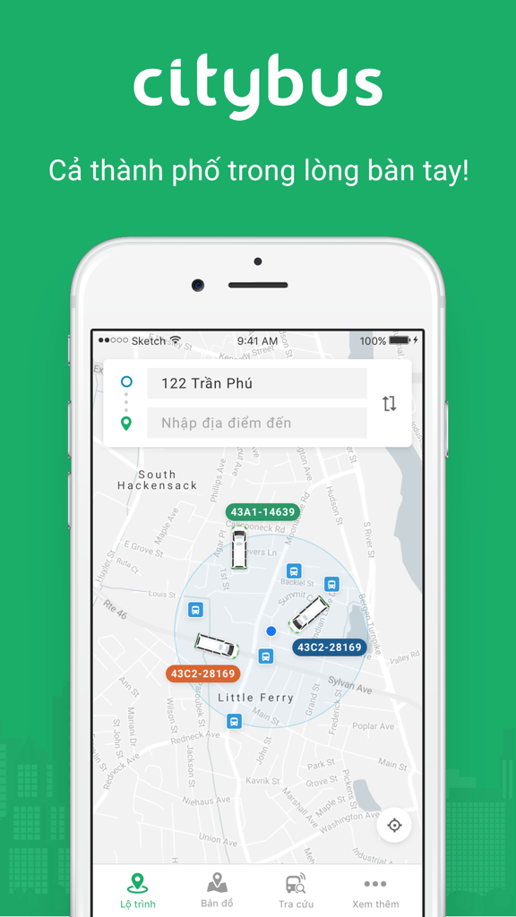 CityBus - Interface do aplicativo de navegação CityBus mostrando rastreamento de ônibus em tempo real em um mapa da cidade